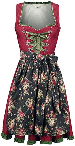Luxus Designer Dirndl mit Schürze Kleid Dirndkleid Oktoberfest Tracht Trachtenkleid Spitze Denim Blumenprint Paspelierung Rüschen- S, Rot/Grün von Dirndline