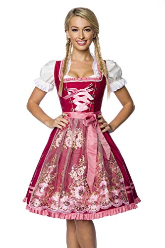 Luxus Designer Dirndl mit Schürze Kleid Dirndkleid Oktoberfest Tracht Trachtenkleid Tüll Tüllschürze Pailletten Rüschen Borte Rosa Rot XS - 3XL, Rosa/Rot, XL von Dirndline