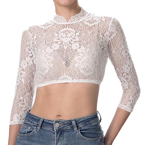 Dirndlparty Dirndl Bluse Damen Langarm Modern 3/4 Arm Trachtenblusen für Damen mit Schicker Dirndlbluse Spitze Hochgeschlossen Trachten Bluse für Bavarian Oktoberfest, Größe 42 von Dirndlparty