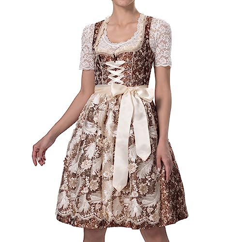 Dirndlparty Dirndl Braun Beige, 60cm Midi Knielang Damen Dirndl mit Perlen Bestickter Spitzeschürze, Trachtenkleid mit Seitentaschen Oktoberfest Kostüm von Dirndlparty