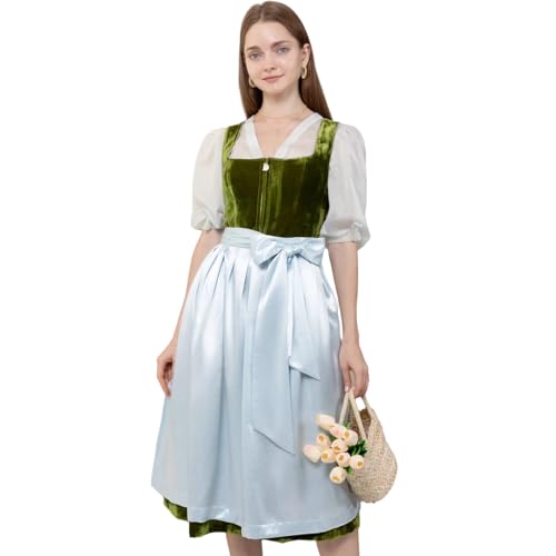 Dirndlparty Dirndl Damen Midi 70cm Dirndl Knielang Grün Trachtenkleid mit Hellblau Dirndlschürze, Oktoberfest Faschings Kostüm Größen 38 von Dirndlparty