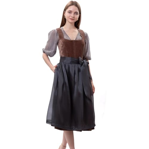 Dirndlparty Dirndl Damen Midi Dirndl Rock Damen Knielang Braun Eckiger Ausschnitt inkl. Mit Dunkelgrau Dirndlschürze Dirndlkleid Vintage Elegante Partykleid Tachtenkleid Oktoberfest Kostüm, Größe 36 von Dirndlparty