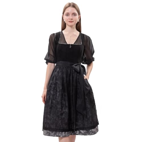 Dirndlparty Dirndl Damen Schwarz Dirndl Midi Dirndlkleid Mit Schwarz Spitzeschürze Bodycon Damen Oktoberfest Kostüm Vintage Elegante Eckiger Ausschnitt Abendkleid Tachtenkleid, Größe 42 von Dirndlparty