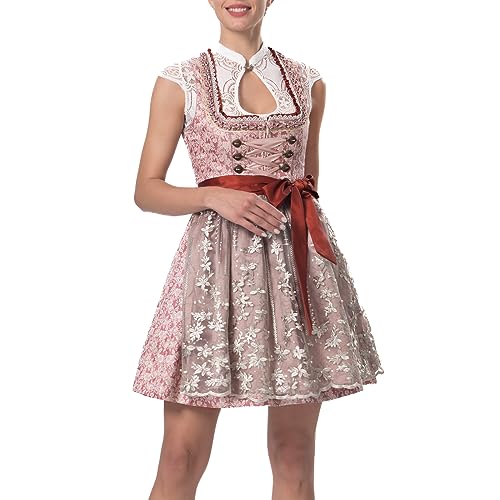 Dirndlparty Mini Dirndl 50cm, Rocklänge Damen Dirndl mit Spitzenschürze Sexy Kurz Trachtenkleid Oktoberfest, Klassisch Hochzeit Brautdirndl, Olive Rosa mit Rot Ribbon von Dirndlparty