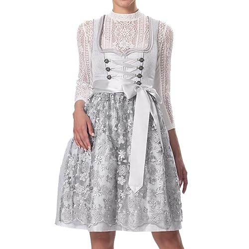 Dirndlparty Midi 60cm Dirndl mit Spitzenschürze für Damen, Knielang Dirndelkleider Silber Grau Hellgrau Glanz Trachtenkleid Perlenschürze Oktoberfest, Brautdirndl für Hochzeit von Dirndlparty