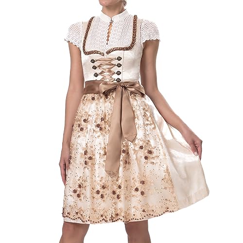 Dirndlparty Dirndl Damen inkl. Dirndl Schürze, 60cm Midi Trachtenkleid Dirndl Kostüm Spitze Dirndl für Damen für Oktoberfest Bavarian Karneval, Champagner Gold, Gr. 34 von Dirndlparty