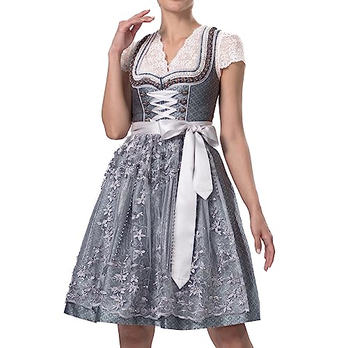 Dirndlparty Midi Marineblau Dirndl und Grau Spitzenschürze mit Perlen Pailletten, Damen 60cm Knielang Trachtenkleid mit Strass Ausschnitt für Oktoberfest Bavarian von Dirndlparty