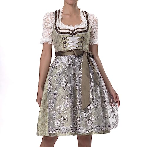 Dirndlparty Dirndl für Damen, Grau Grün 60cm Midi Knielang Dirndlkleid mit Perlenschürze, Modern Elegant Trachtenkleid Germandress für Oktoberfest Bavarian von Dirndlparty