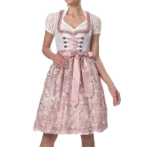 Dirndlparty Dirndl Rosa Grau, Damen Dirndl 60cm Midi Knielang Mittellang Dirndlkleider mit Spitzenschürze, Trachtenkleid Oktoberfest Bavarian Hochzeit von Dirndlparty