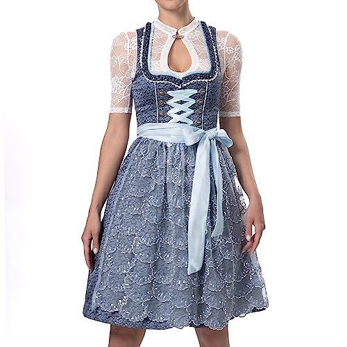 Dirndlparty Dirndl Blau, Damen Midi Mittellang Dirndl 60cm mit Rosenmuster und Pailletten Spitzenschürze, Dunkelblau Glitzer Glanz Trachtenkleid Dress für Oktoberfest von Dirndlparty