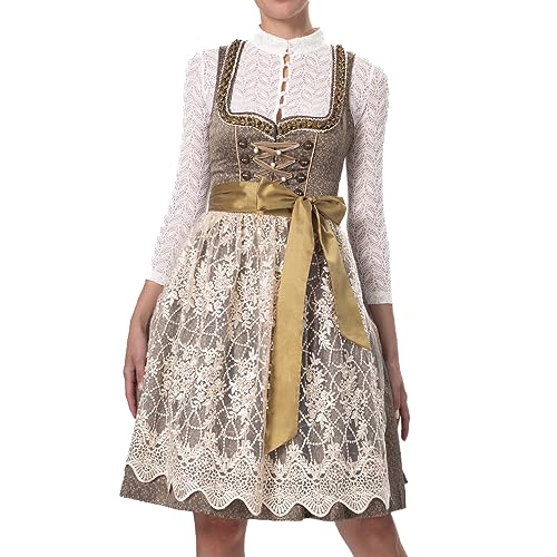 Dirndlparty Dirndl Damen 60cm Midi Olivgrün Trachtenkleid mit Apricot Spitzenschürze Bestickter Pailletten Perlen, Elegant Knielang Dirndlkleid mit Perlenanhänge Oktoberfest Faschingskostüm von Dirndlparty