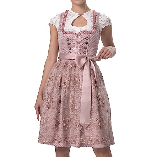 Dirndlparty Dirndl Rosa Midi 60cm Knielang Dirndlkleider für Damen, Dirndl mit Perlen Strass Spitzeschürze, Glitzer Oktoberfest Trachtenkleid mit Seitentaschen und Reißverschluss von Dirndlparty