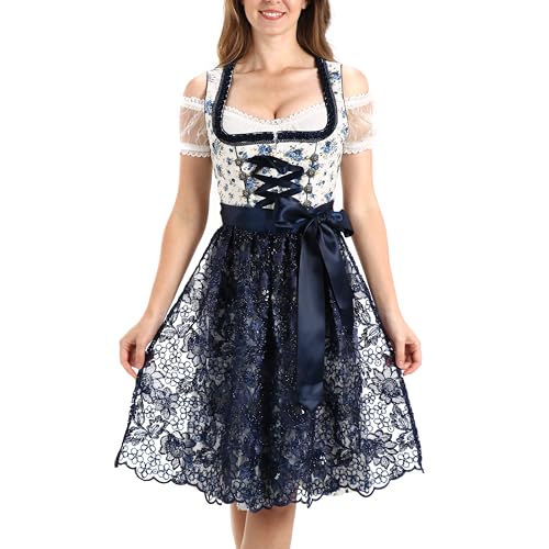 Dirndlparty Damen Dirndl Dunkelblau mit Glänzender Schürze, Midi 60cm Knielang Dindl mit Blau Rose Blumenmuster Elegant Trachtenkleid Glitzer Glanz Dirndlkleid für Oktoberfest von Dirndlparty