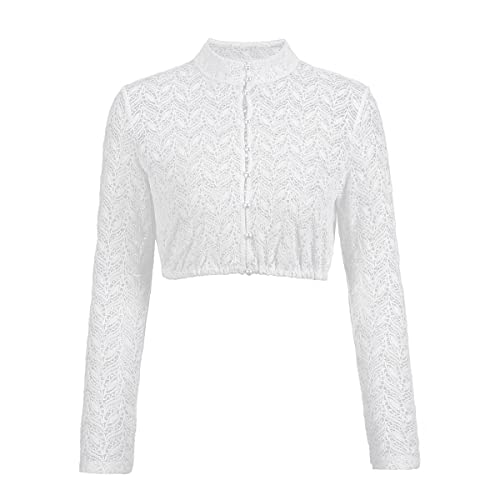 Dirndlparty Trachtenbluse Damen, Dirndlbluse Langarm Dirndl Bluse Damen Weiß Trachtenblusen Spitze Halbarm Dirndl Bluse Hochgeschlossen Creme Blumen mit Knopfverschluss für Oktoberfest, Größe 42 von Dirndlparty