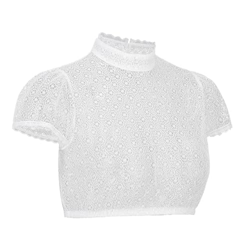 Dirndlparty Dirndlbluse Hochgeschlossen Kurzarm Dirndl Bluse Damen Weiß Schlicht Rundhals Oktoberfest Trachtenblusen mit Spitze Creme Sommer Kostüm, Größe 42 von Dirndlparty