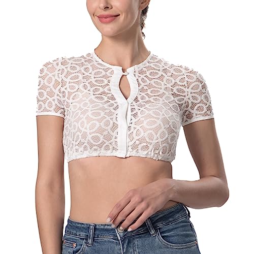 Dirndlparty Dirndlbluse Damen für Kleine Oberweite, Kurzarm Dirndl Bluse Mandarinkragen Tropfenausschnitt mit Knopfverschluss, Rundhalsausschnitt Trachtenbluse für Oktoberfest von Dirndlparty