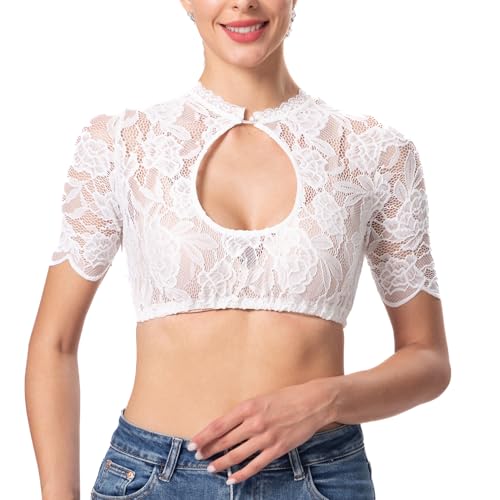 Dirndlparty Dirndl Bluse Damen Dirndlbluse Kurzarm, Trachtenbluse Damen Weiß Dirndlblusen Spitze Dirndlbluse Weiß Tropfenausschnitt Elegante Trachtenblusen Bavarian Oktoberfest Kostüm, Gr. 38 von Dirndlparty