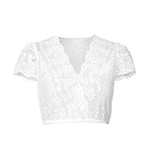 Dirndlparty Dirndlbluse Kurzarm V-Ausschnitt für Damen, Creme Blumen Spitze Dirndl Bluse mit Modern Puffärmel, V Kragen Elastisch Trachtenbluse für Oktoberfest, Einteiliges Design von Dirndlparty