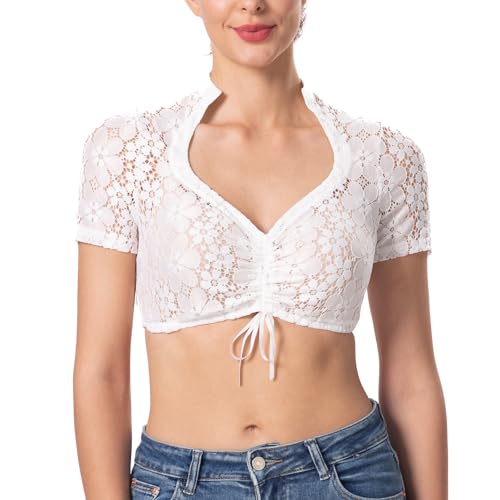 Dirndlparty Dirndl Bluse Damen, Dirndlbluse V Ausschnitt, Trachtenbluse Damen Kurzarm Dirndlblusen Spitze Dirndl Blusen Weiß mit Kordelzug, Bavarian Oktoberfest Kostüm Bluse, Größe 38 von Dirndlparty