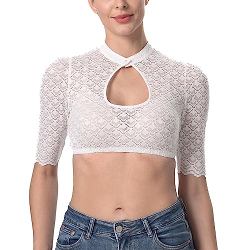 Dirndlparty Dirndlbluse Kurzarm, Trachtenbluse Damen Dirndlblusen Spitze Dirndl Blusen Weiß Knopfverschluss, Bavarian Oktoberfest Kostüm Bluse, Größe 40 von Dirndlparty