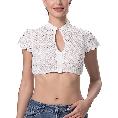 Dirndlparty Dirndlbluse mit Schmalem Tropfenausschnitt, Kurzarm Damen Dirndl Bluse Mandarinkragen Elastisch Creme Trachtenbluse mit Knopfverschluss, Modern Bluse für Dirndl Oktoberfest von Dirndlparty