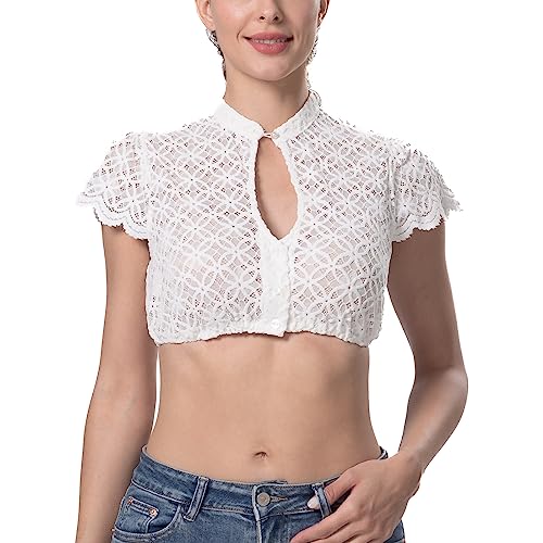 Dirndlparty Dirndlbluse mit Schmalem Tropfenausschnitt, Kurzarm Damen Dirndl Bluse Mandarinkragen Elastisch Creme Trachtenbluse mit Knopfverschluss, Modern Bluse für Dirndl Oktoberfest von Dirndlparty