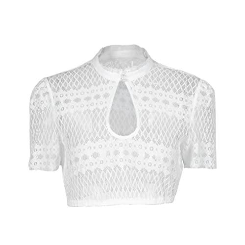 Dirndlparty Dirndlbluse Mandarinkragen Kurzarm für Damen, Creme Blumen Dirndl Bluse für Kleine Oberweite, Modern Hochgeschlossen Trachtenbluse mit Tropfenausschnitt für Oktoberfest von Dirndlparty