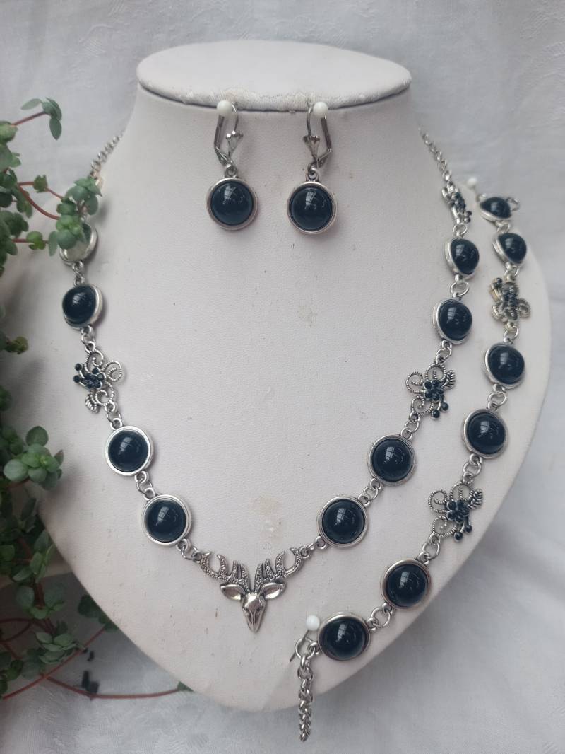 Hübsches Cabochon-Trachtenschmuck-Set Schwarz Halskette + Ohrringe Mit Straß-Ranken von DirndlschmuckBayern
