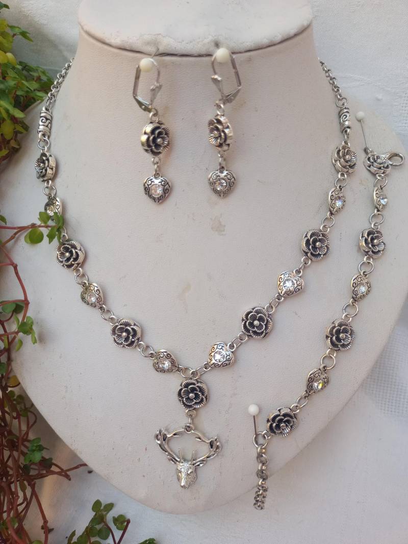 Perfektes Trachtenschmuck-Set 3-Tlg. Aus Rosen + Straßherzen Antiksilber von DirndlschmuckBayern