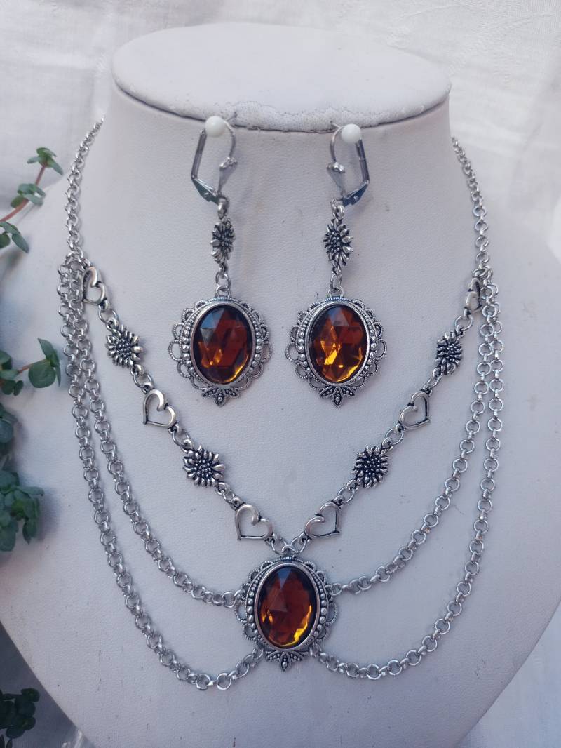 Tradtitionelles Trachtenschmuck-Set 2-Tlg. Mit Ovalen Glitzer-Cabochons + Edelweiß Braun Oder Farbwahl von DirndlschmuckBayern