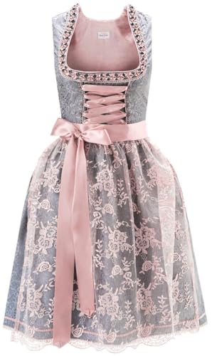 Dirndlspatz Midi Dirndl Damen grau rosa aus Exklusiver Kollektion inkl. Spitzenschürze DS1002 Gr. 42 von Dirndlspatz