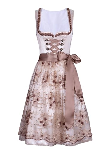 Dirndlwelle Dirndl Damen Midi 60 cm Dirndl Schürze Trachtenrock Damen Trachtenkleid Champagner Gold,für Eine Hochzeit Gold Beige Trachtenkleider Midi für Oktoberfest Outfit Größe 38 von Dirndlwelle