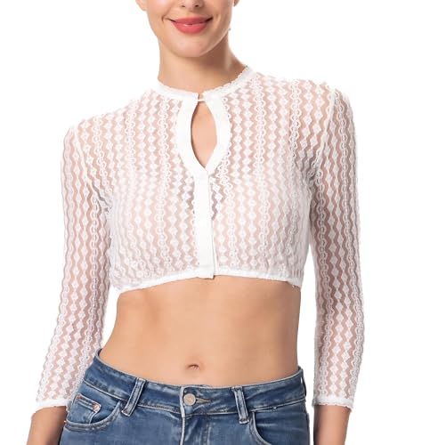 Dirndlwelle Dirndlbluse Langarm Dirndlbluse Damen Langarm Hochgeschlossen Zum Knöpfen Trachtenbluse Damen 3/4 Arm Weiß Dirndlblusen Oktoberfest Größe 38 von Dirndlwelle