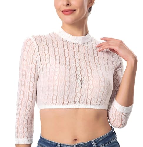 Dirndlwelle Dirndl Bluse Damen Dirndlbluse Hochgeschlossen Trachtenbluse Damen Weiß Dirndlbluse Langarm Spitze Dirndlblusen Spitze Trachtenbluse für Oktoberfest Elegant Elasthan Größe 36 von Dirndlwelle