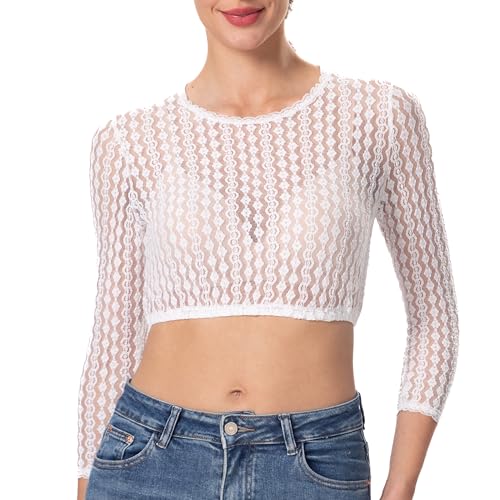 Dirndlwelle Dirndl Bluse Damen, Langarm Weiß Dirndlbluse Rundhalsausschnitt Dirndlbluse Spitze 3/4 Arm Dirndl Bluse Langarm Oktoberfest Damen Größe 34 von Dirndlwelle