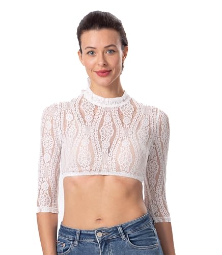 Dirndlwelle Dirndl Bluse Damen Dirndlbluse Langarm Hochgeschlossen Spitze Dirndlbluse Weiß Spitzenbluse Damen Trachtenmieder trachtenblusen Dirndlblusen Größe 34 von Dirndlwelle