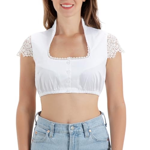 Dirndlwelle Dirndl Bluse Damen Kurzarm mit Kragen Dirndl Bluse Damen Baumwolle Dirndlbluse Kurzarm Stehkragen Dirndlbluse Weiß Dirndlblusen Trachtenbluse Größe 42 von Dirndlwelle