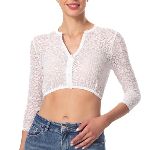 Dirndlwelle Dirndl Bluse Damen, Dirndlbluse Langarm Trachtenbluse Damen Weiß Spitze Modern Elegant Langärmlig 3/4 Ärmel Trachtenbluse für Oktoberfest Bluse, Größe 44 von Dirndlwelle