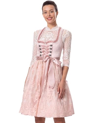 Dirndlwelle Dirndl Damen Midi Rosa Spitze, Trachtenkleid Modern Mittellang Elegant, Dirndlschürz Princess Rose Größe 38 von Dirndlwelle
