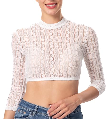 Dirndlwelle Dirndlbluse Damen Dirndlbluse Weiß Dirndlbluse Hochgeschlossen Dirndlbluse Langarm Dirndl Blusen Weiß Hochelastisch Stoff Dirndlbluse Spitze 3/4 Ärmel Bavarian Streifen Spitze Größe 34 von Dirndlwelle
