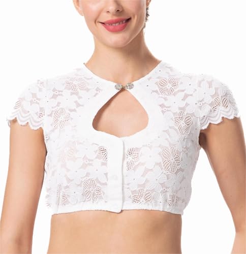 Dirndlwelle Dirndl Bluse Damen Spitze Kurzarm Dirndlbluse Spitze Tranchtenbluse Damen Halbarm Tracht Bluse Oktoberfest Kostüm Weiß (32-46) von Dirndlwelle