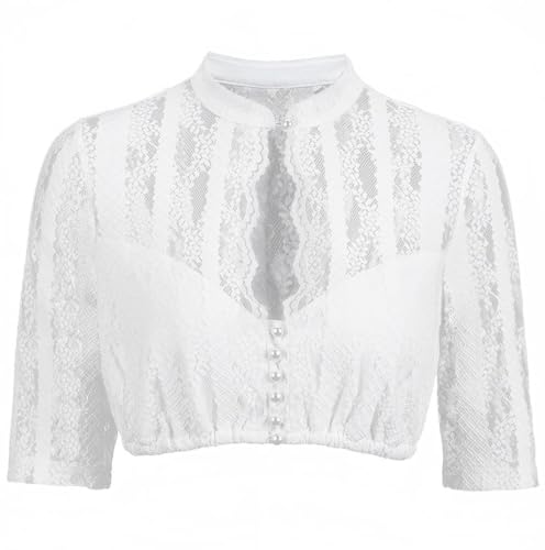Dirndlwelle Dirndl Bluse Damen Dirndlbluse Langarm Hochgeschlossen Spitze Dirndlbluse Hochgeschlossen mit Knopf Dirndlbluse Halbarm Weiß Dirndlblusen für Oktoberfest Bluse Größe 40 von Dirndlwelle