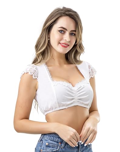 Dirndlwelle Dirndl Bluse 100% Baumwolle Dirndl Blusen Weiß Trachtenbluse Herzausschnitt Flügelarm Blickdicht Ohne Spitze Dirndlbluse Kurzarm Dirndlbluse Creme Größe-46 von Dirndlwelle