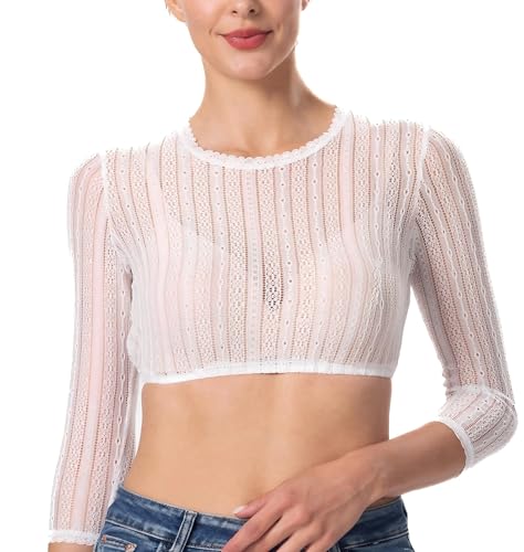 Dirndlwelle Dirndl Bluse Damen Langarm Dirndlbluse Spitze Weiß Dirndlbluse Damen 3/4 Arm Dirndlbluse Langarm Trachtenblusen Oktoberfest Bluse Größe 34 von Dirndlwelle