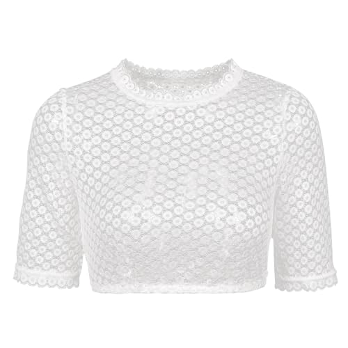 Dirndlwelle Dirndl Bluse Damen Dirndlbluse Langarm Rundhalsausschnitt Trachtenbluse Damen Weiß Dirndlblusen für Oktoberfest Bluse Größe 44 von Dirndlwelle