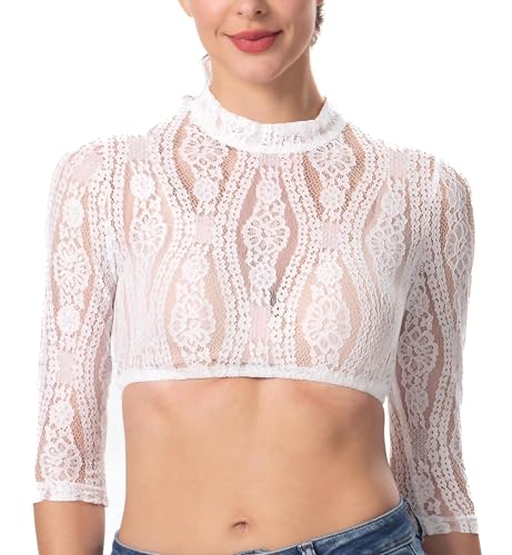 Dirndlwelle Dirndl Bluse Damen Hochgeschlossen Dirndlbluse Hochgeschlossen Spitze Dirndlbluse Langarm Dreiviertelarm Weiß Creme Spitze 3/4 Arm Weiss Dirndlbluse Spitze für Oktoberfest Größe 36 von Dirndlwelle