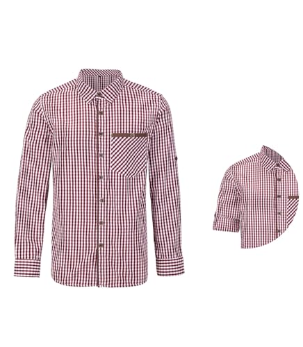 Dirndlwelle Trachtenhemd Herren Hemd Langarm Langärmlig Kariert Rot Stehkragen Trachtenhemden für Herren 100% Baumwolle Freizeithemd Trachten für Oktoberfest Hemd Größe XXL von Dirndlwelle