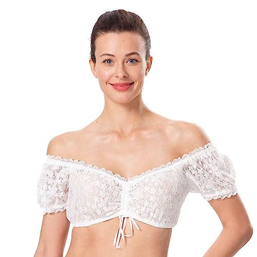 Dirndlwelle Dirndl Bluse Damen Schulterfrei Dirndlbluse Kurzarm Dirndl Bluse Weiß Spitze Trachtenbluse Damen Weiß Spitze Dirndlblusen für Oktoberfest Größe 42 von Dirndlwelle