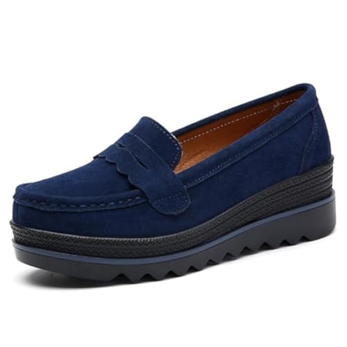 Damen Retro Wildleder Casual Loafers Slip On Comfort Wedge Walking Schuhe Mokassin Leichte rutschfeste Dicke Sohle Bootsschuhe, Blau, 41 EU von DirraBra