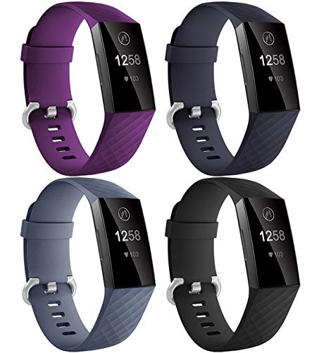 Dirrelo Kompatibel mit Fitbit Charge 3/Fitbit Charge 4 für Damen und Herren, 4 Pack Wasserdicht Verstellbares Silikon Ersatzarmband Sport Uhrenarmband für Charge 3/4, Schwarz+Pflaume+BlauGrau+Blau S Dirrelo Kompatibel mit Fitbit Charge 3/Fitbit Charge 4 für Damen und Herren, 4 Pack Wasserdicht Verstellbares Silikon Ersatzarmband Sport Uhrenarmband für Charge 3/4, Schwarz+Pflaume+BlauGrau+Blau S von Dirrelo